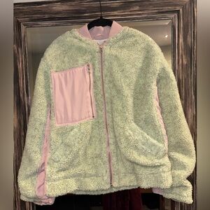 Free People Women's Rivington Sherpa Jacket Full Zip in Green/Pink